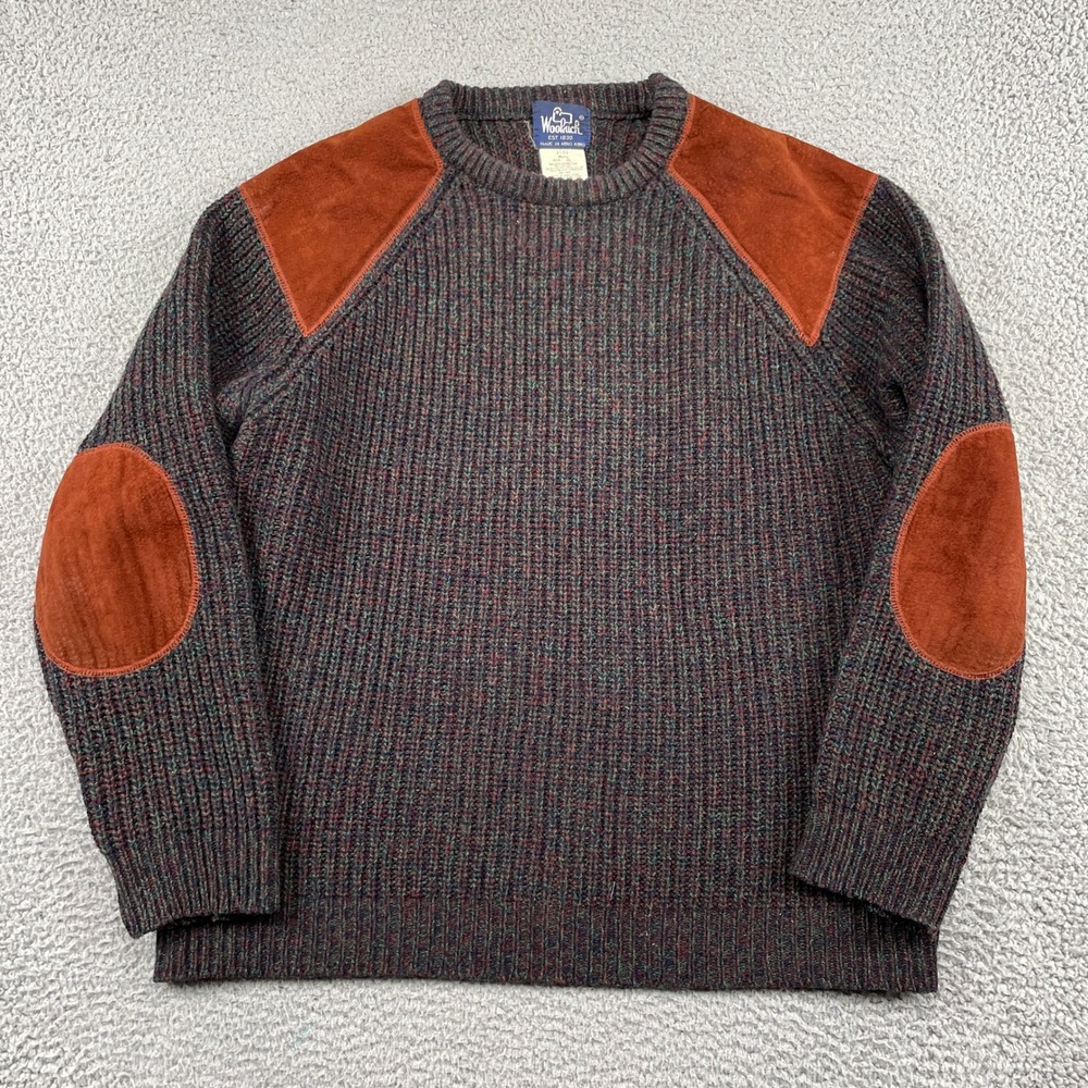 VTG Woolrich Sweater Mens XL Multi Color Suede Patch Wool Blend Ribbed